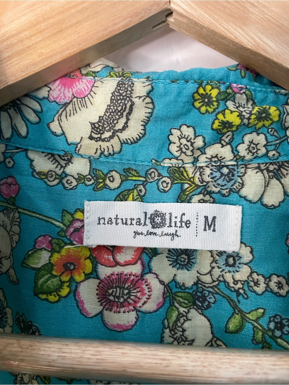 Natural Life Medium Teal Floral Cotton Button Down Tunic Shirt Boho - Picture 8 of 10